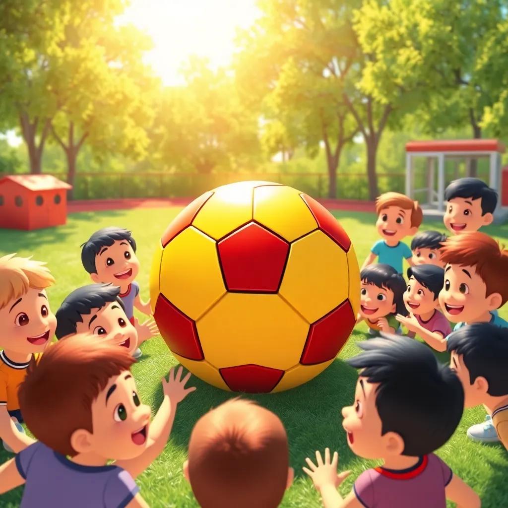 The new colorful football at the center of a playground, children surrounding it eagerly, bright sunshine filtering through trees, happy faces, illustration, vibrant and engaging