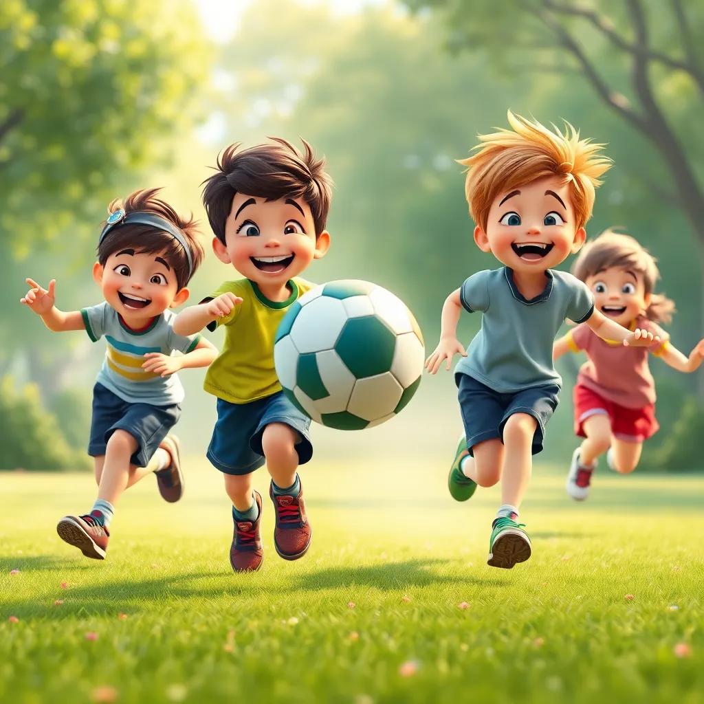 Children joyfully running after the ball, showing teamwork and excitement, lively and dynamic movement, digital art, immersive and colorful