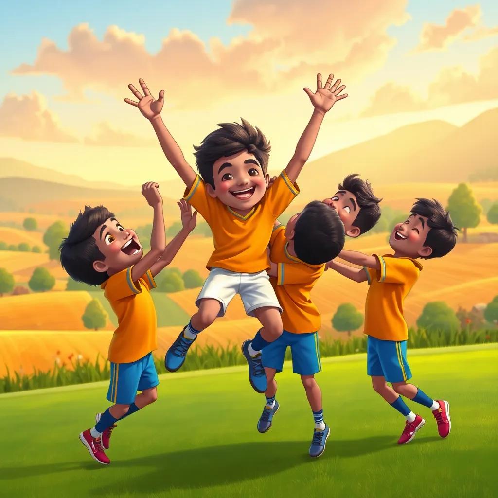 Qasim celebrating a goal with his friends, jumping and cheering together, a beautiful backdrop of fields and trees, happy and lively, illustration, joyful