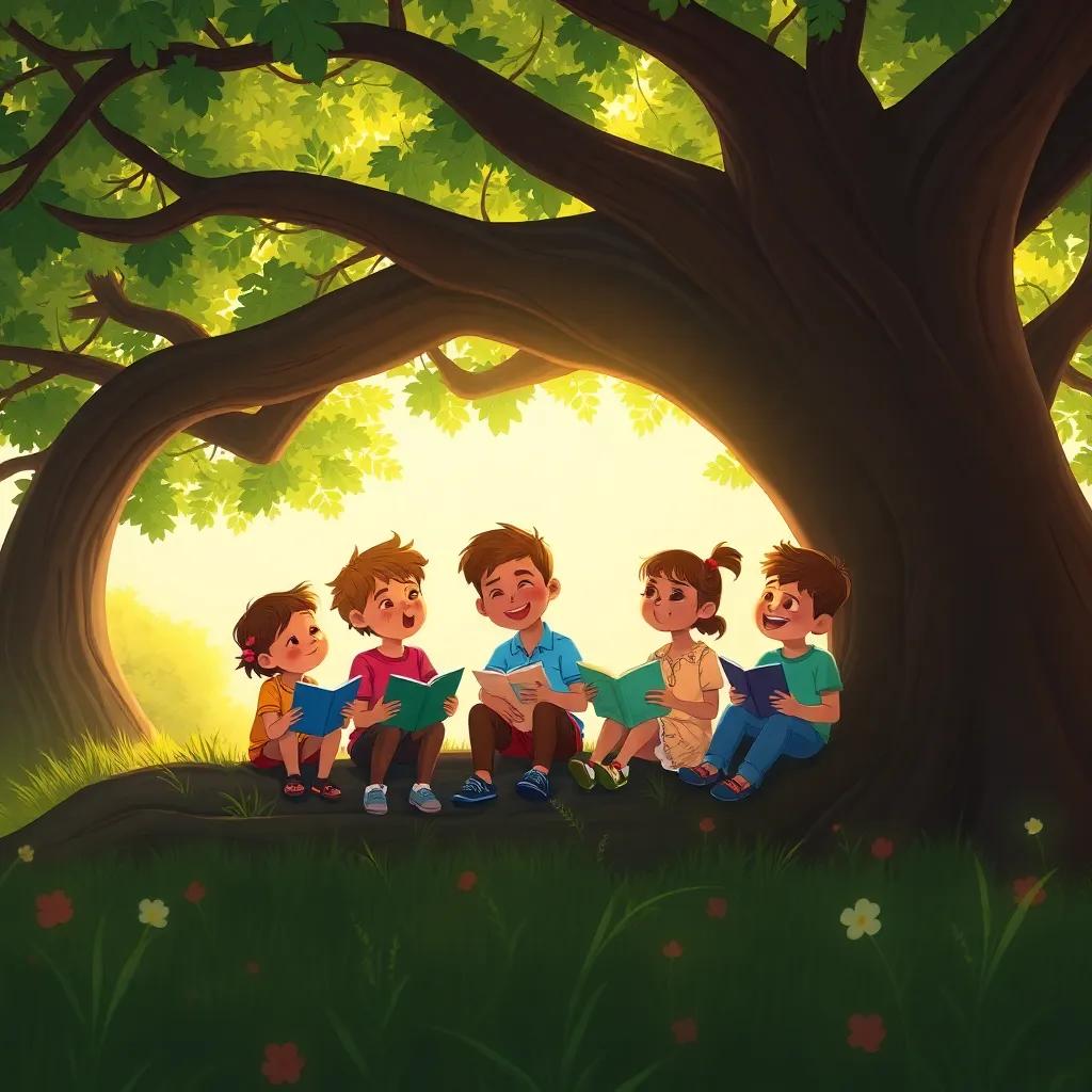 A large tree where children are sitting together, sharing stories and laughs, warm sunlight creating a peaceful scene, digital art, heartwarming and friendly