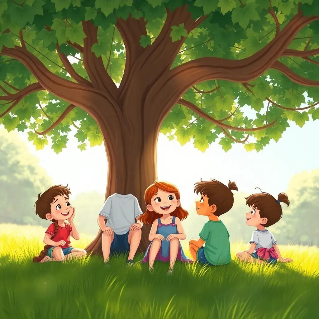 Children enjoying together under a big tree, talking and smiling, fresh green grass, soft sunlight, illustration, inviting and warm atmosphere