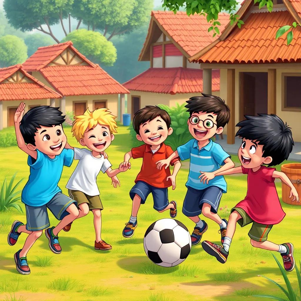 The children happily playing football, showcasing friendship and joy in a village, bright colors, cheerful expressions, engaging scene, art style, high quality