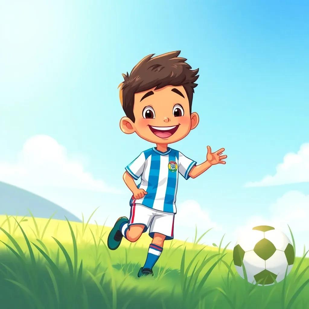 A young boy, Ahmad Abdul-Salam, wearing a football jersey and shorts, training in a sunny field in Taiz with a big smile, surrounded by green grass and a bright blue sky, digital art, vibrant colors, cheerful atmosphere, high quality