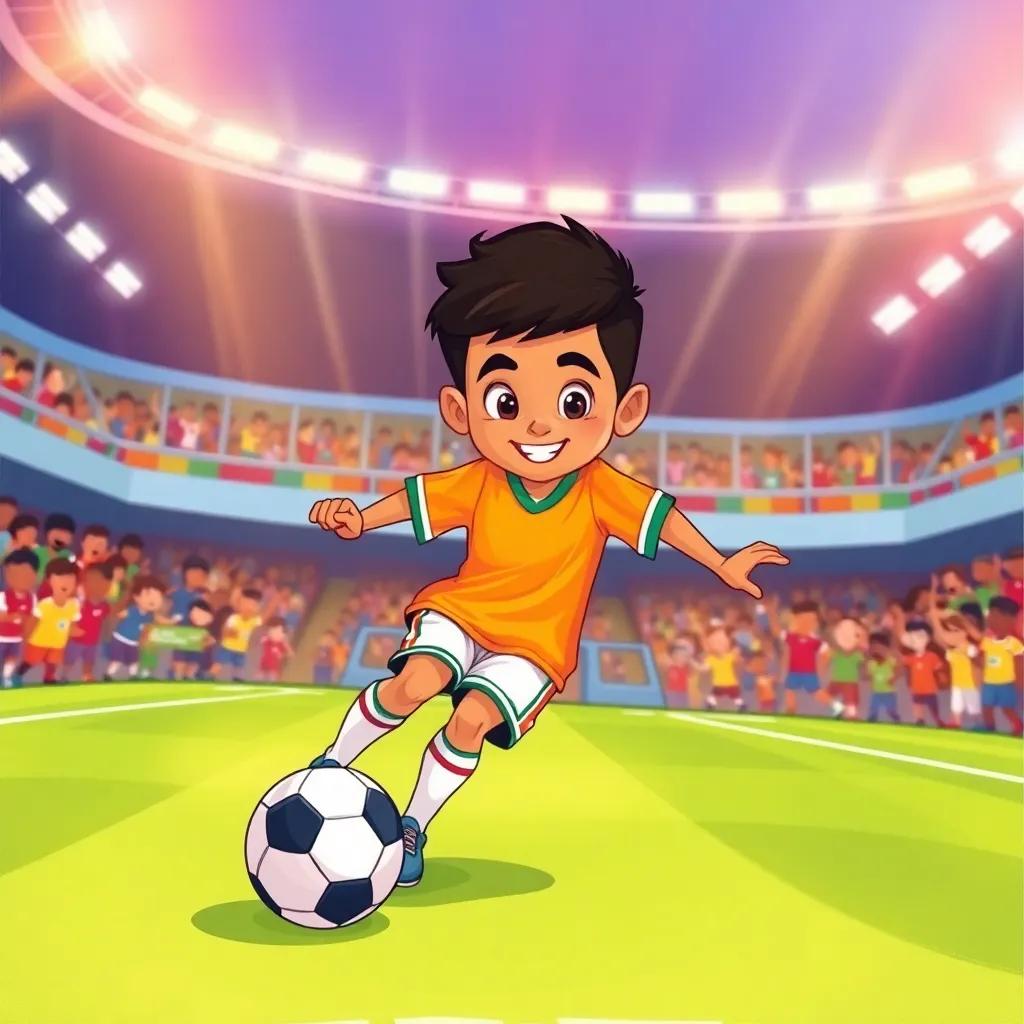 Ahmad Abdul-Salam, a determined young boy in a football jersey, skillfully dribbling a ball in a football stadium, with cheering fans in the background, colorful and exciting, bright lights, dynamic perspective, child-friendly