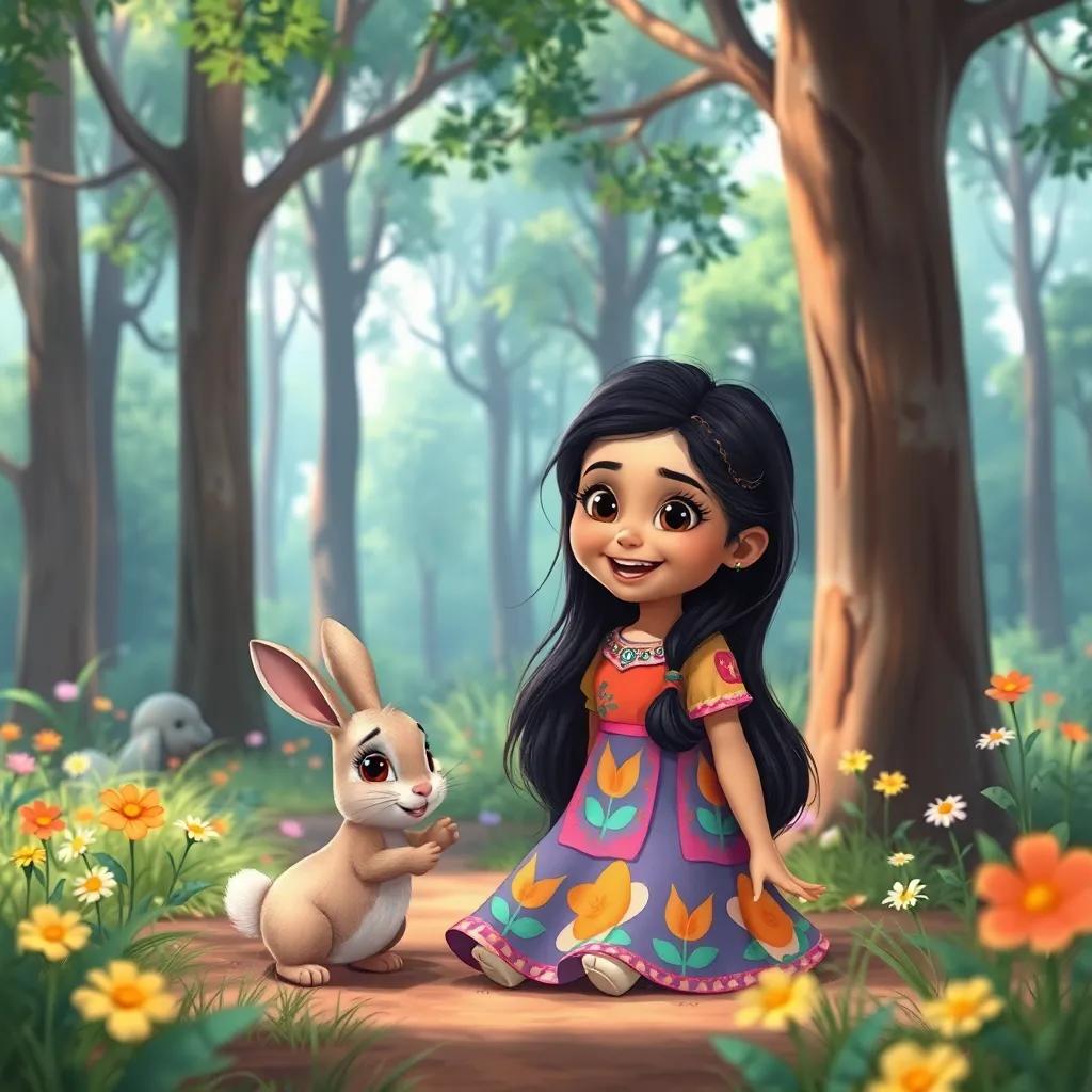 A young Arab girl, Kinda, with long, dark hair, wearing a colorful dress, happily playing with a little rabbit in a vibrant forest with tall trees and bright flowers, cheerful atmosphere, illustration, child-friendly, high quality