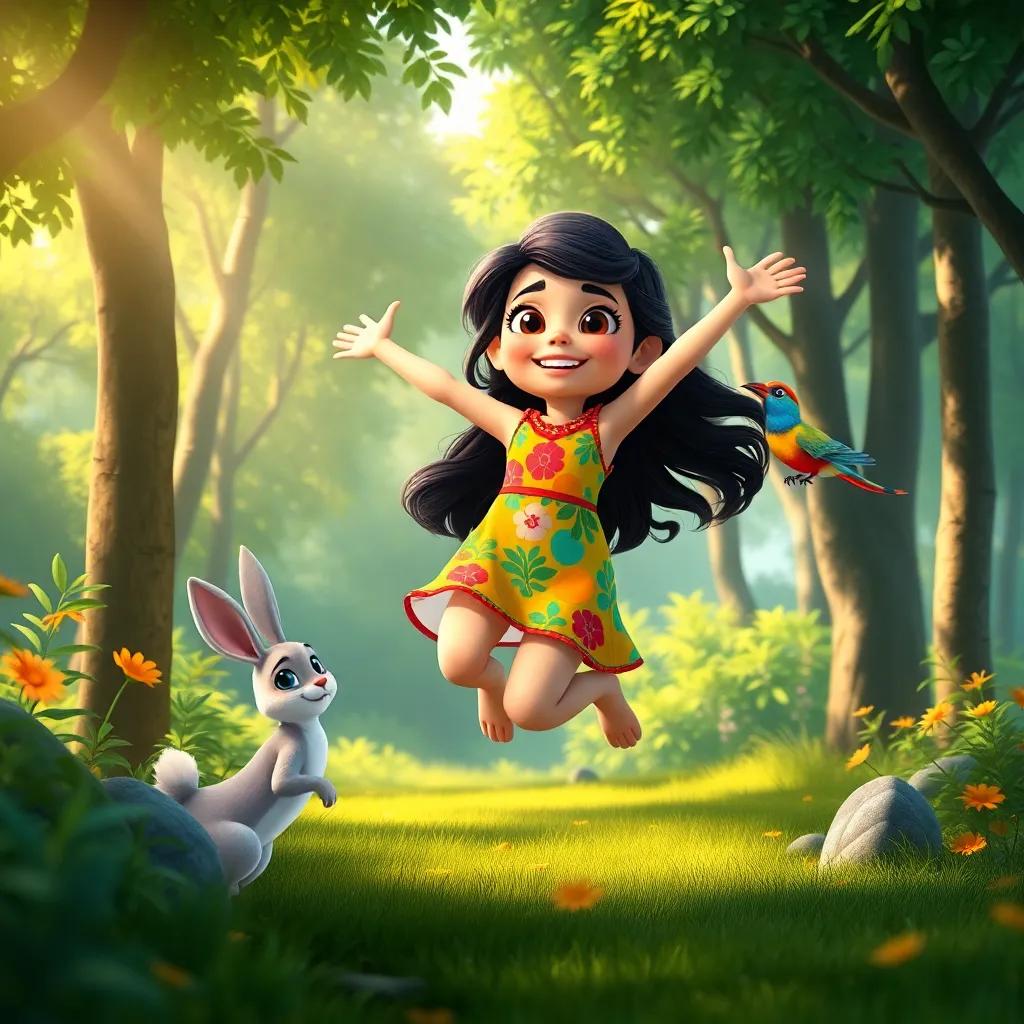 Kinda, a young Arab girl with long, dark hair in a colorful dress, jumping joyfully with a little rabbit and a colorful bird in a lively, colorful forest, surrounded by green trees and radiant sunlight, fun scene, bright colors, adventure theme, digital art