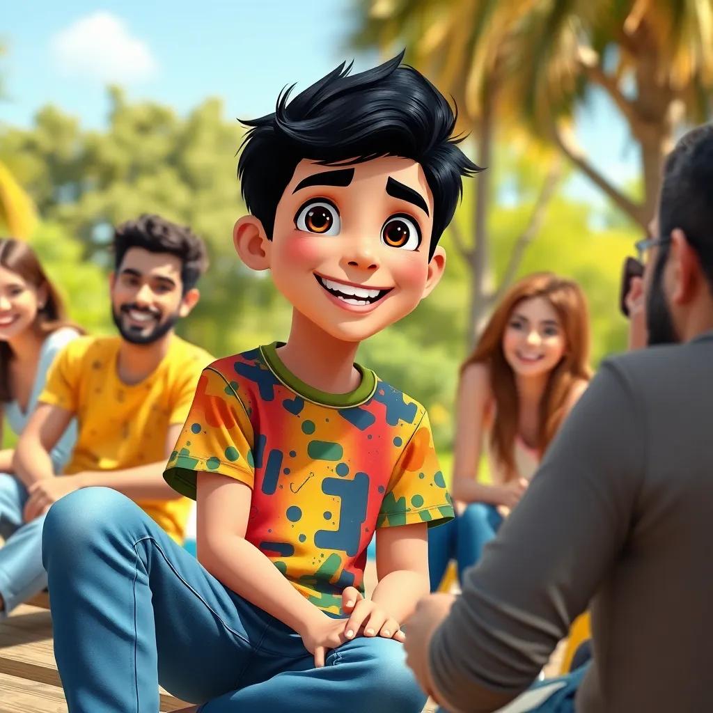 A young Arab boy, Sami, with short black hair, wearing a colorful t-shirt and jeans, sitting with friends in a sunny park, laughing and discussing life, digital art, vibrant colors, cheerful atmosphere, uplifting scene