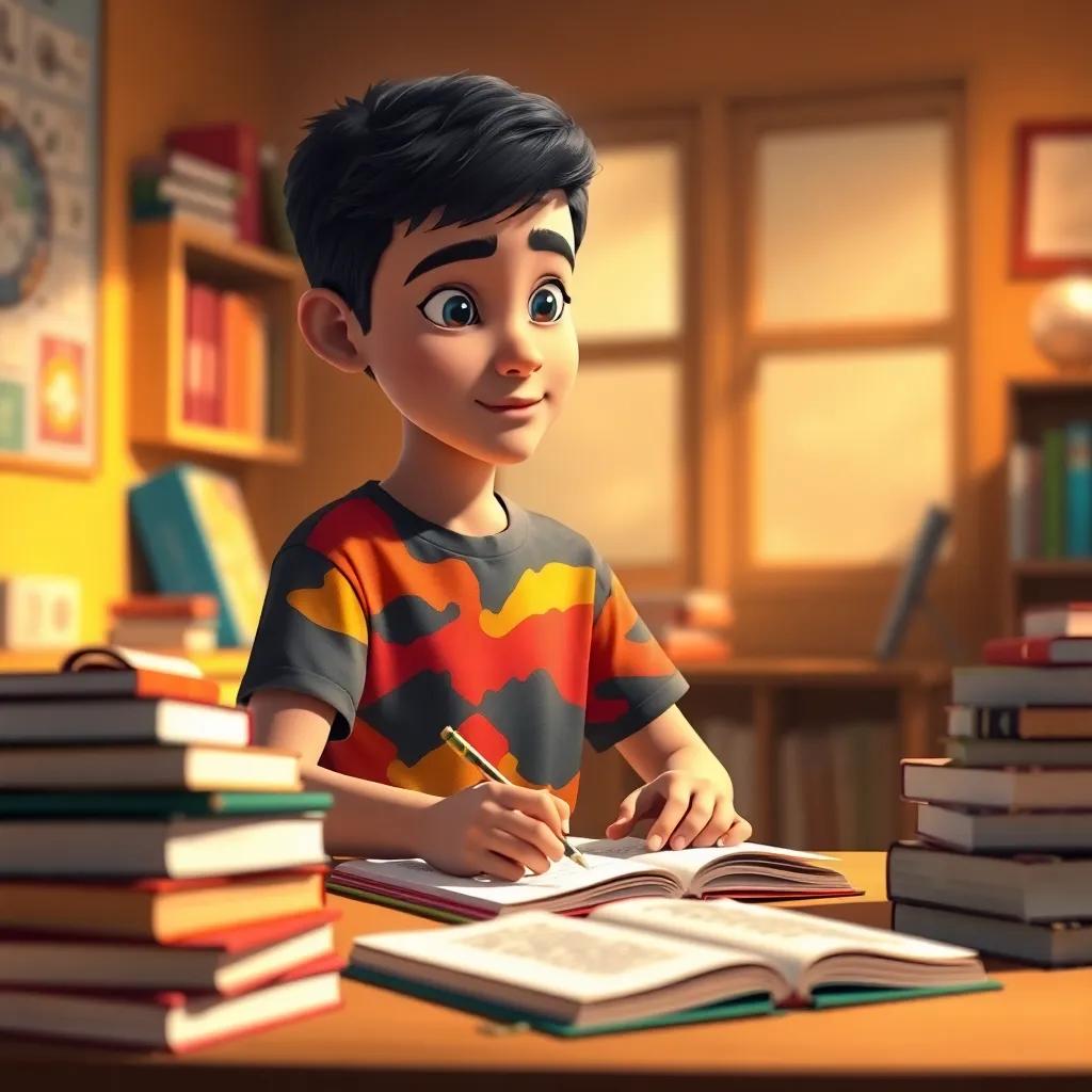 Sami, a young Arab boy with short black hair in a colorful t-shirt and jeans, studying with books around him, writing notes at a desk, focused expression, warm light, inviting room, encouraging learning environment