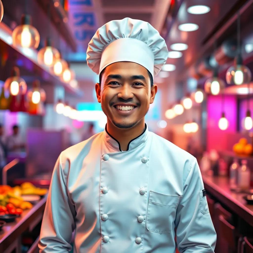A passionate chef, Ken, a Middle-Eastern man in his 30s, wearing a traditional chef's uniform and a white hat, smiling brightly in a bustling kitchen, digital art, vibrant colors, lively atmosphere, high quality