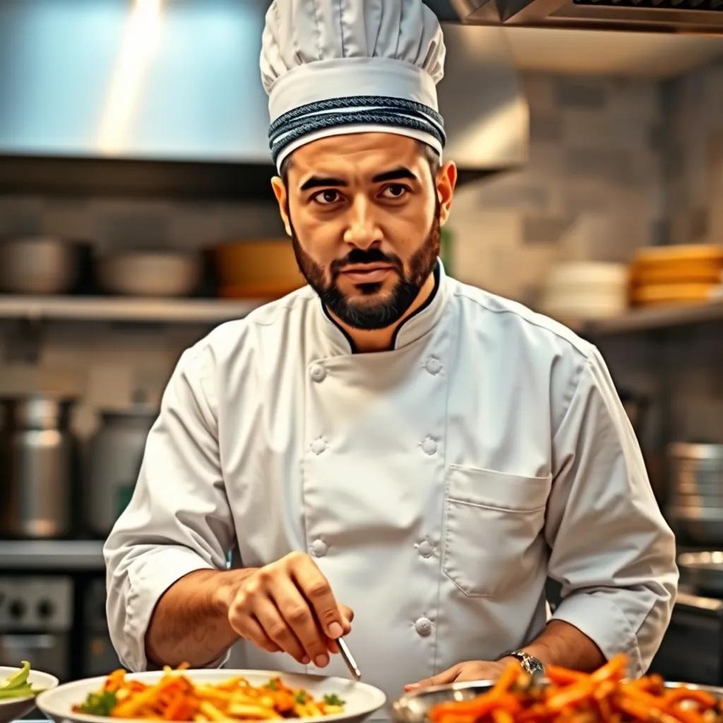 Ken, a Middle-Eastern chef in his 30s, wearing a traditional chef's uniform, looking determined while preparing a delicious dish in a busy kitchen, warm light, action-focused, high quality