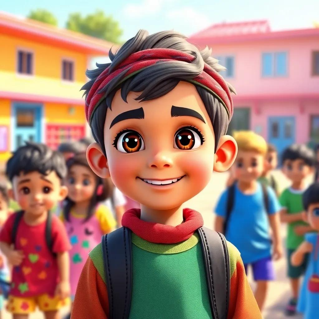 A young Arab boy, Luay, with bright eyes and a wide smile, standing in a sunny schoolyard, surrounded by children, looking determined, colorful school setting, cheerful atmosphere, digital art, vibrant colors, uplifting mood, detailed focus