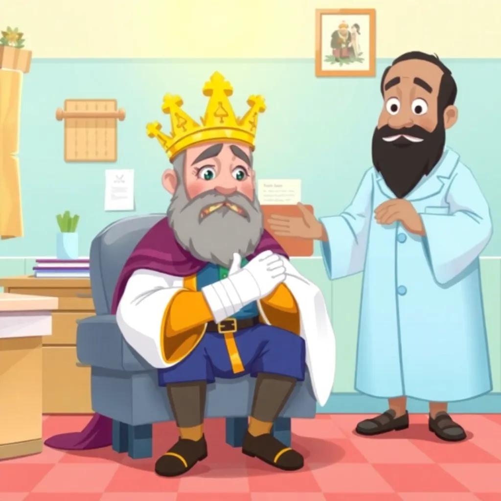 A distressed king sitting with a bandaged hand in a doctor's office, the wise minister standing beside him, with bright colors and cheerful decor, friendly setting, with an interesting and warm light, digital illustration, engaging 2D style