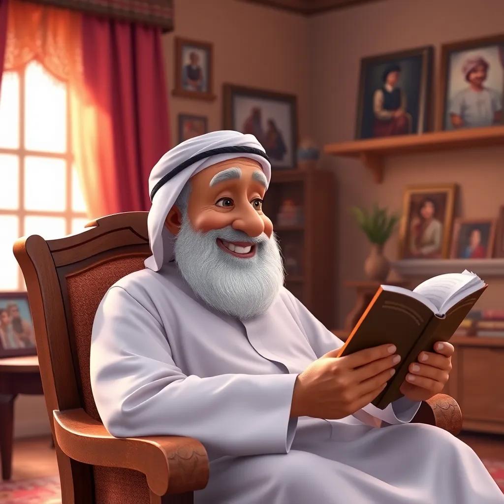 An elderly Arab man, Rayan's grandfather, with a white beard, wearing a traditional white thobe, relaxing on a wooden chair, listening to Rayan read in a warm and inviting setting with family photos around, happy and proud expression, digital art, warm colors, storytelling view, high quality