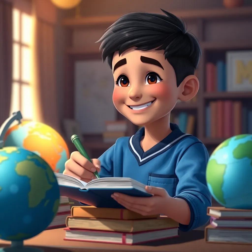 Ryan, a young Arab boy, with short black hair in a blue school uniform, writing in his notebook with a big smile, surrounded by books and a globe, warm light, inviting colors, storytelling view, high quality