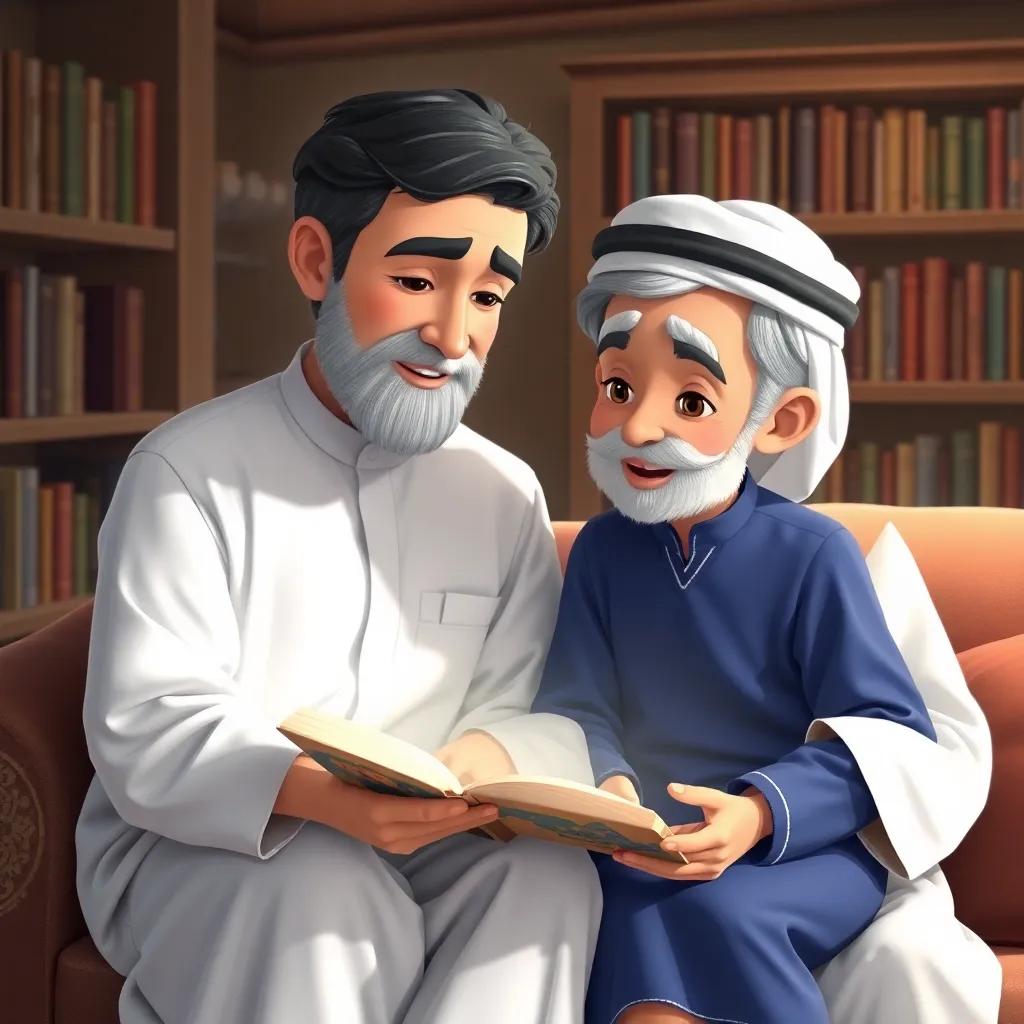 Ryan, a young Arab boy, with short black hair, wearing a blue school uniform, sitting beside his elderly grandfather, who is in traditional white attire, reading a storybook, cozy room with bookshelves, heartwarming scene, detailed, high quality