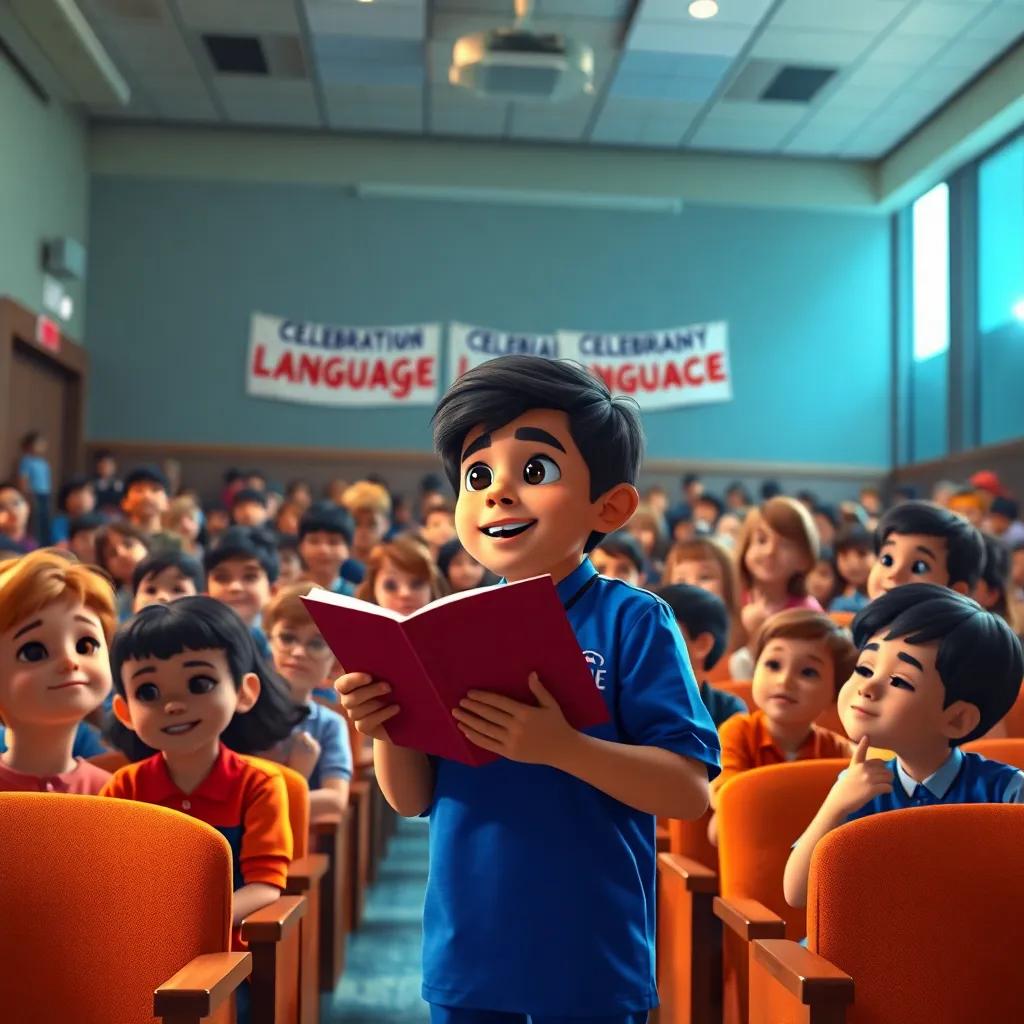 In a school auditorium, Ryan, a young Arab boy in a blue school uniform, reading his story to a captivated audience of classmates, with bright lights and banners celebrating language, vibrant colors, joyful atmosphere, high quality