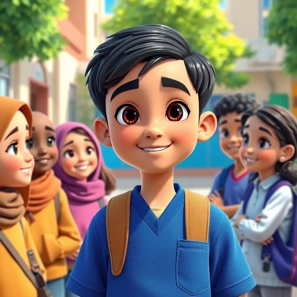 Ryan, a young Arab boy, with short black hair in a blue school uniform, surrounded by friends of different ethnicities discussing the importance of Arabic language, colorful schoolyard, lively and cheerful scene, high quality