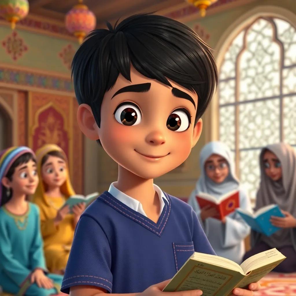 Ryan, a young Arab boy, with short black hair in a blue school uniform, organizing a language event, friends in traditional attire sharing stories, decorated hall with Arabic motifs, colorful and festive, high quality