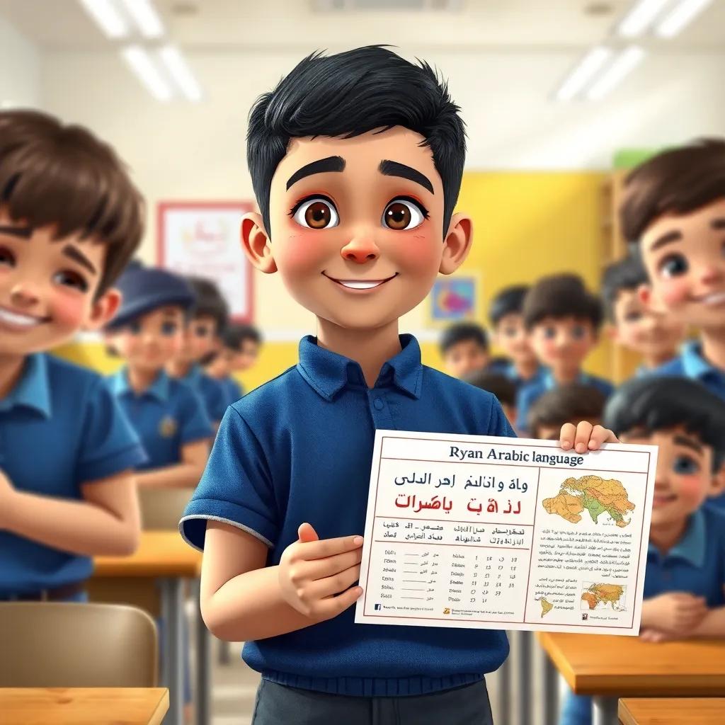 Ryan, a young Arab boy, with short black hair in a blue school uniform, presenting a poster about Arabic language, bright classroom with enthusiastic students, detailed, inspirational quality, high quality