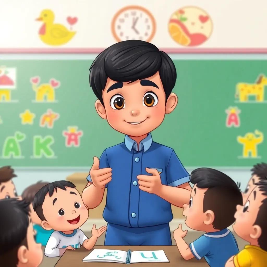 Ryan, a young Arab boy, with short black hair in a blue school uniform, teaching younger kids the Arabic alphabet, cheerful classroom with kids among colorful drawings, friendly and engaging atmosphere, high quality