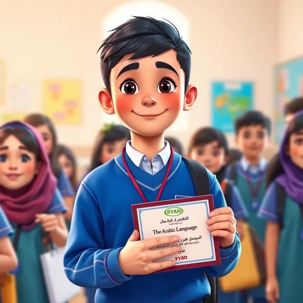 Ryan, a young Arab boy, with short black hair in a blue school uniform, proudly holding an award for his contributions to the promotion of Arabic language, surrounded by classmates, bright and celebratory colors, high quality