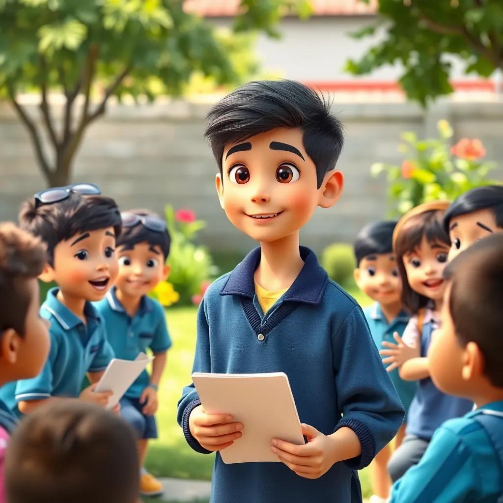 Ryan, a young Arab boy, with short black hair in a blue school uniform, leading a team of students in a language project, outdoor school garden with enthusiastic children, natural light, engaging scene, high quality