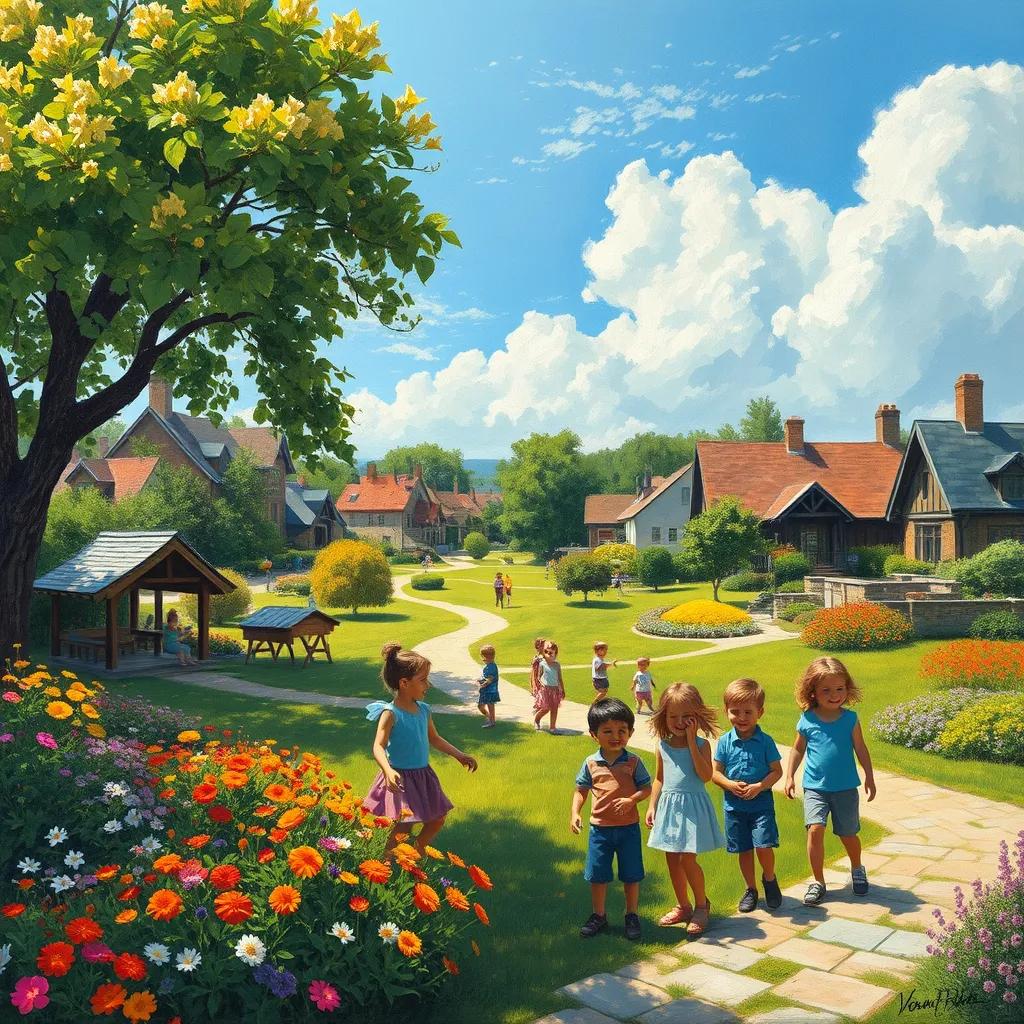 A vibrant village with lush greenery and colorful flowers, children playing and laughing together in a large park, sunny atmosphere, cheerful surroundings, high quality