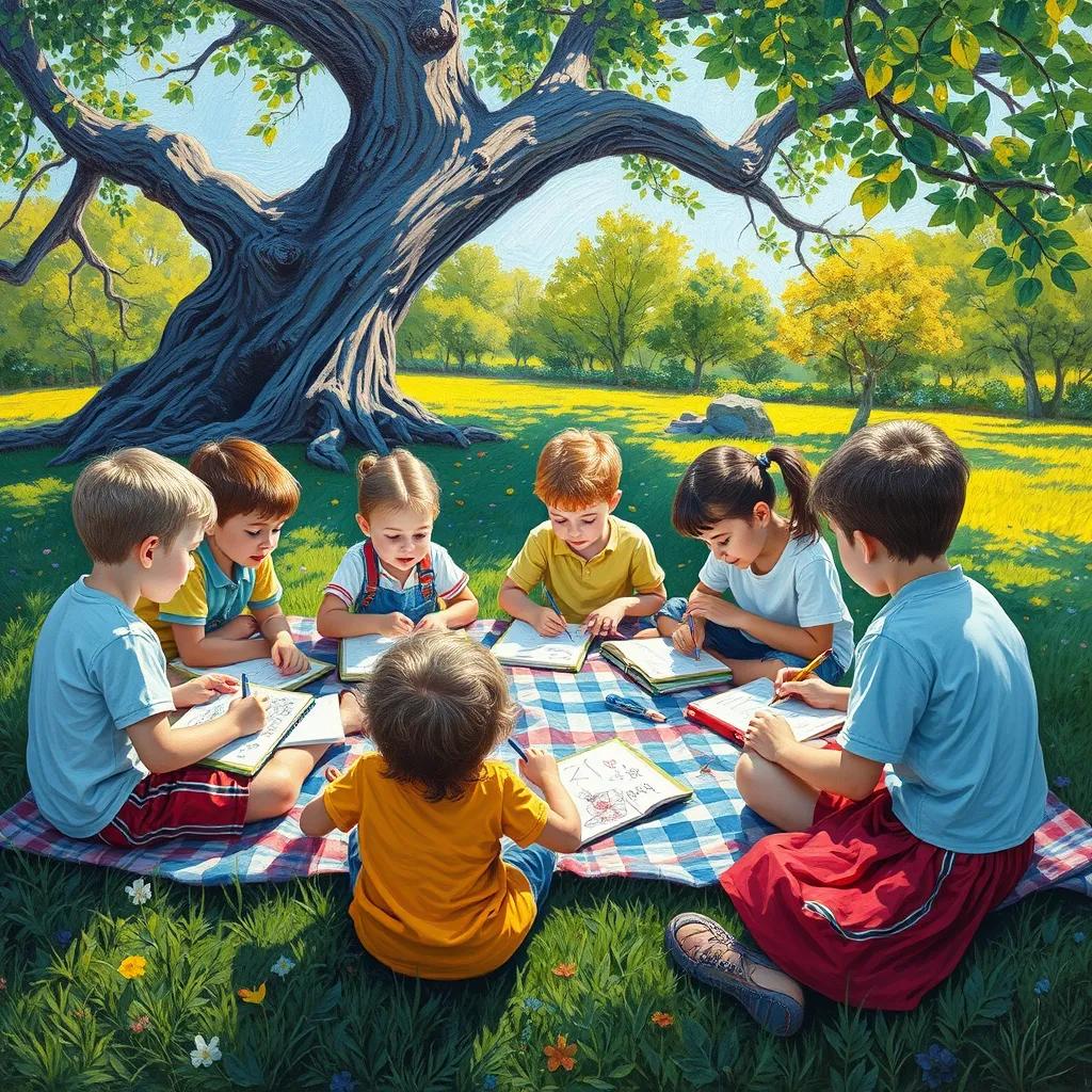 A group of children gathered around a picnic blanket, writing in notebooks and drawing under a big tree, bright colors, playful mood, lovely details, high quality
