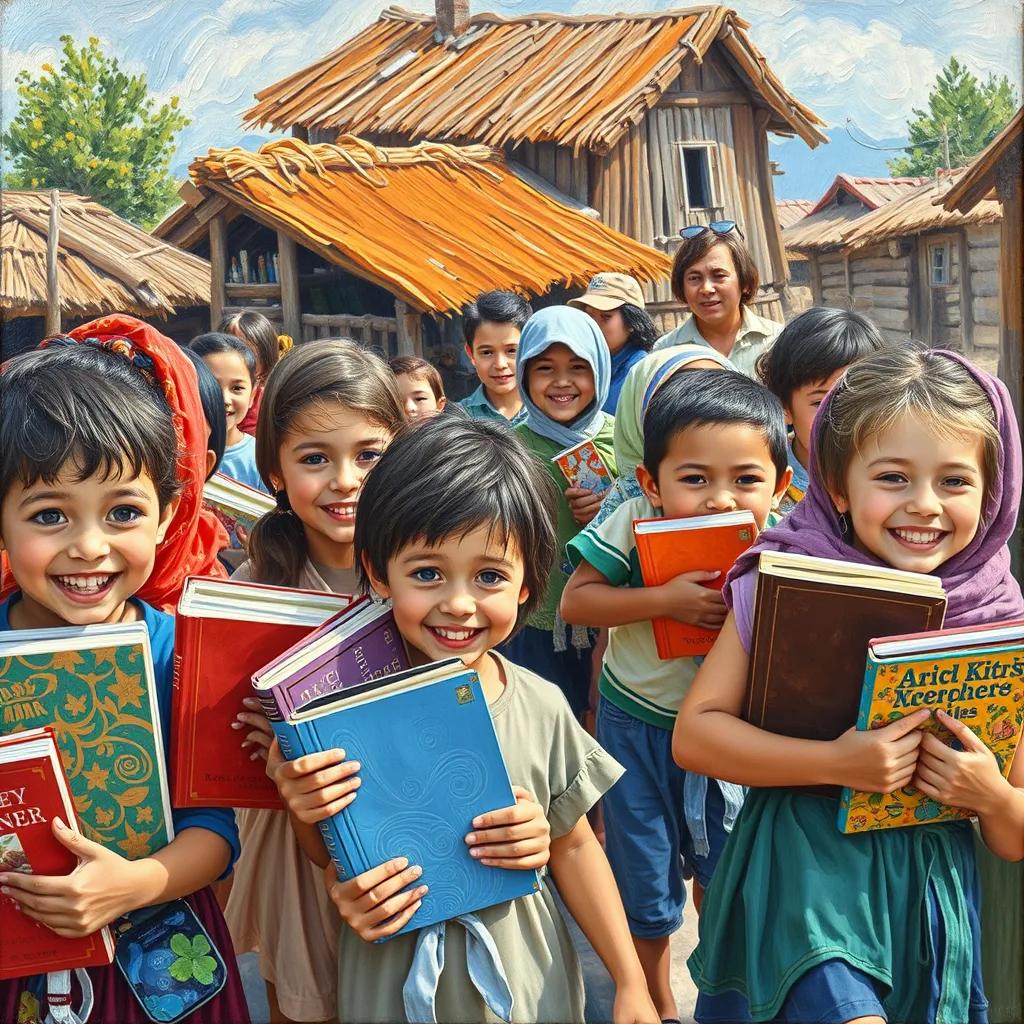 Children from neighboring villages arriving happily, bringing books and art supplies, excitement in their eyes, beautiful day, colorful clothes, high quality