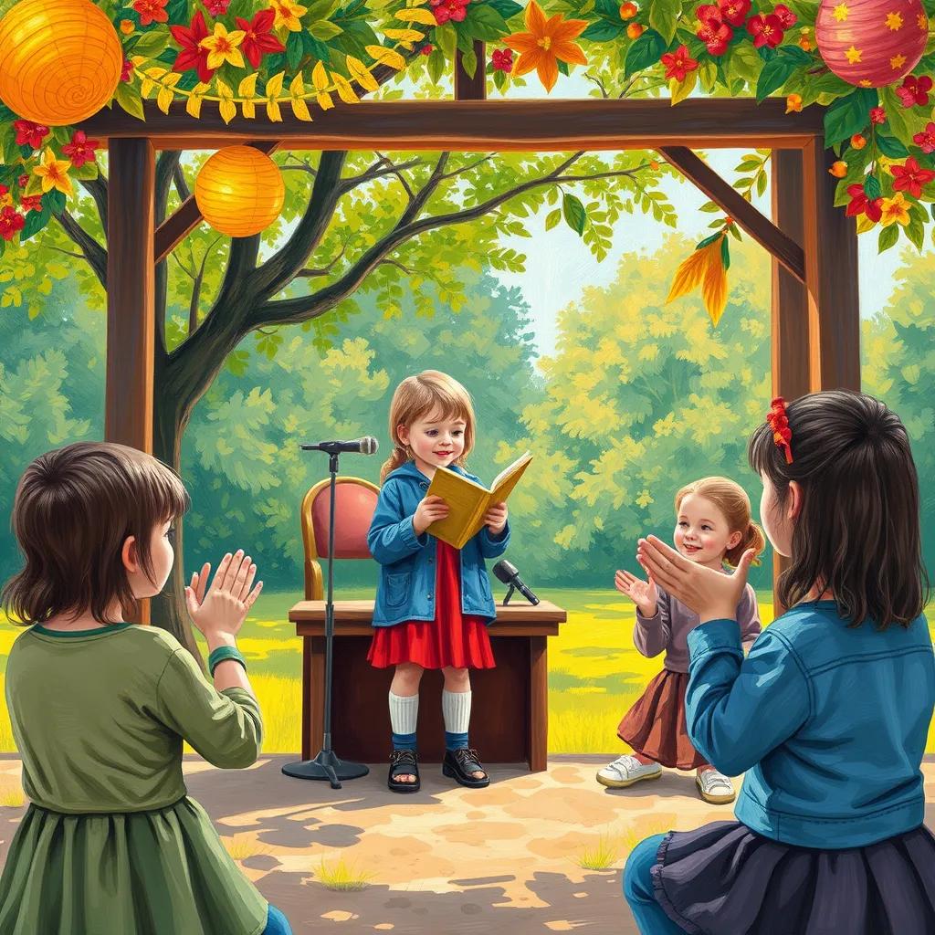 A child presenting their poem on a small stage in the park, other children clapping and cheering, bright decorations, joyful expressions, high quality