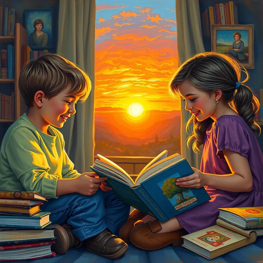 Children sitting together, exchanging stories with smiles, surrounded by books and art, sunset lighting creating a warm ambiance, high quality