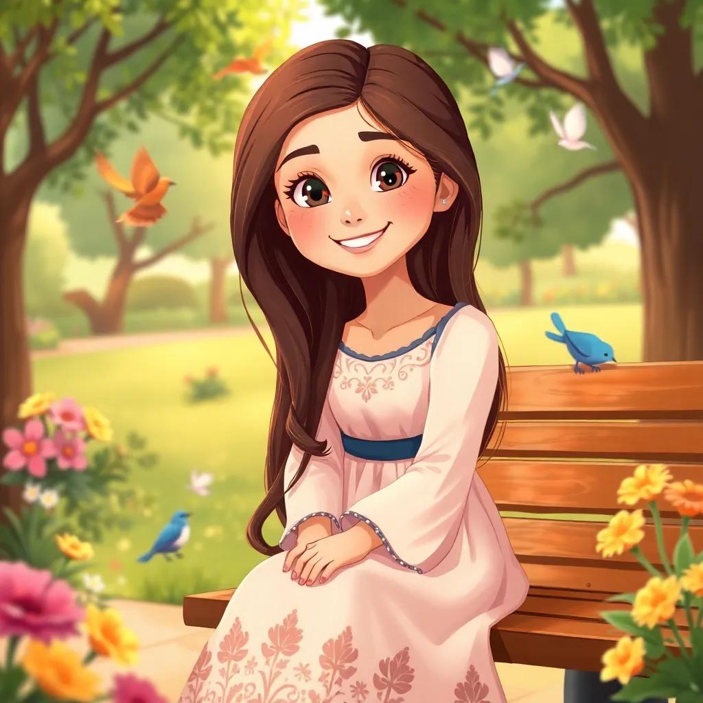 A young Moroccan girl, Zinab, with long brown hair wearing a beautiful dress, sitting on a bench in a park, smiling brightly, surrounded by birds and flowers, illustration, friendly environment, warm colors, enchanting scenery, high quality