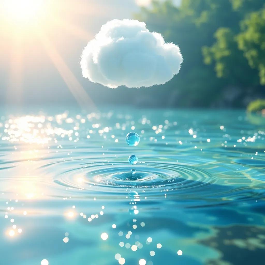 A small water droplet, named قطر, falling from a fluffy white cloud into a sparkling river, with sunshine reflecting on the water, joyful atmosphere, digital art, colorful, vibrant scene