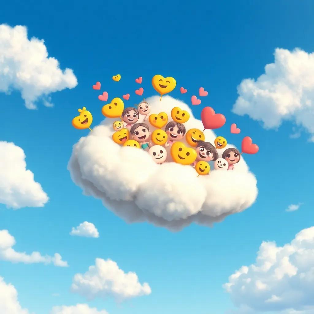 A playful cloud, filled with قطر and others, floating in the bright blue sky, with fluffy white clouds all around, cheerful atmosphere, digital painting, bright colors, whimsical design