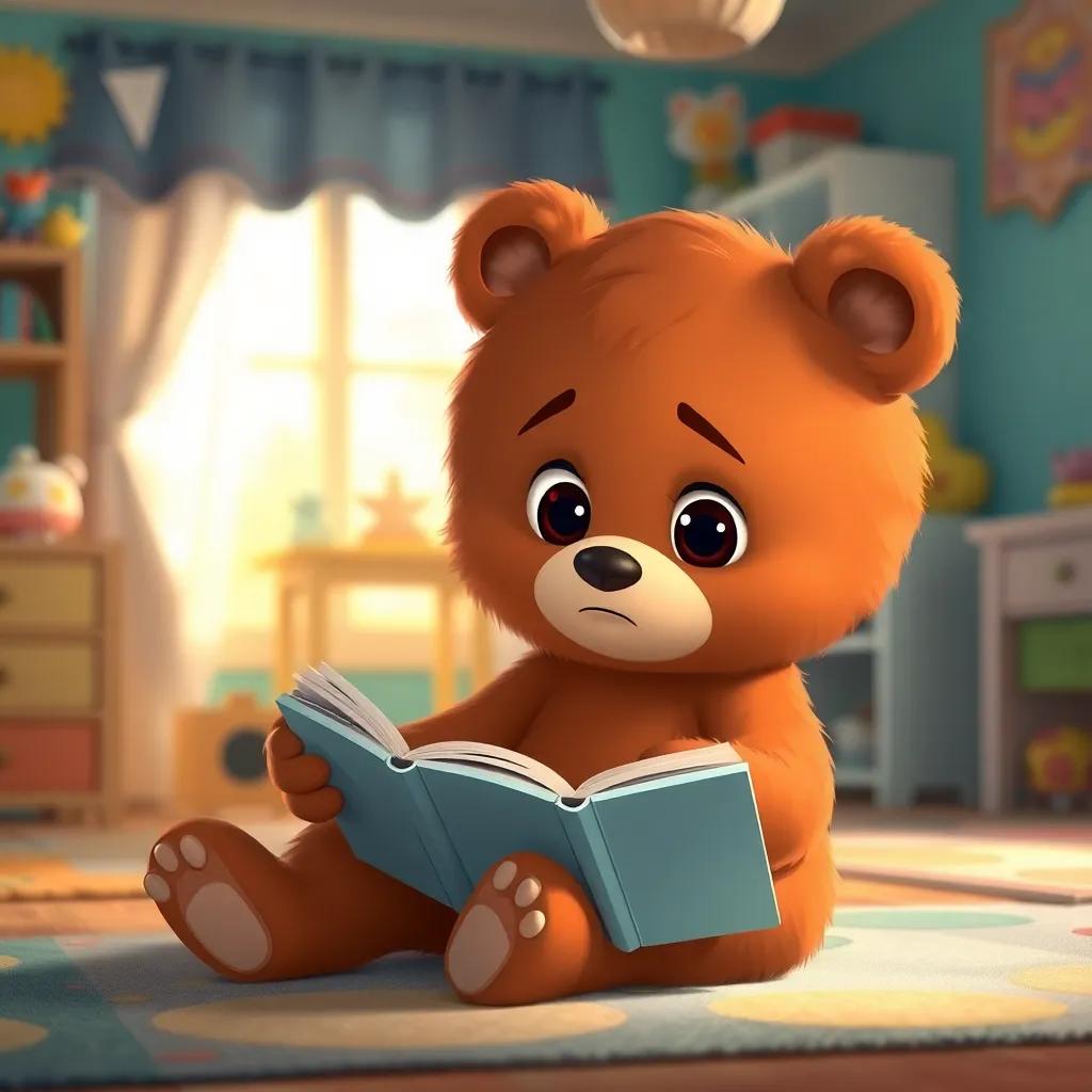 A little bear, a young cartoon bear with fluffy brown fur and big curious eyes, sitting on a room floor looking sad while holding a book, warm light, colorful children’s room, high quality