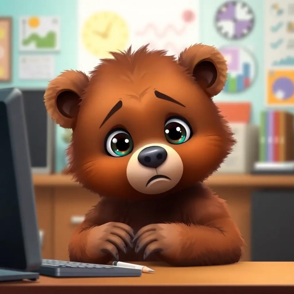 A bear cub, a young cartoon bear with fluffy brown fur and big curious eyes, sitting in front of a computer, looking frustrated while trying to write, colorful office, bright light, high quality, vibrant colors