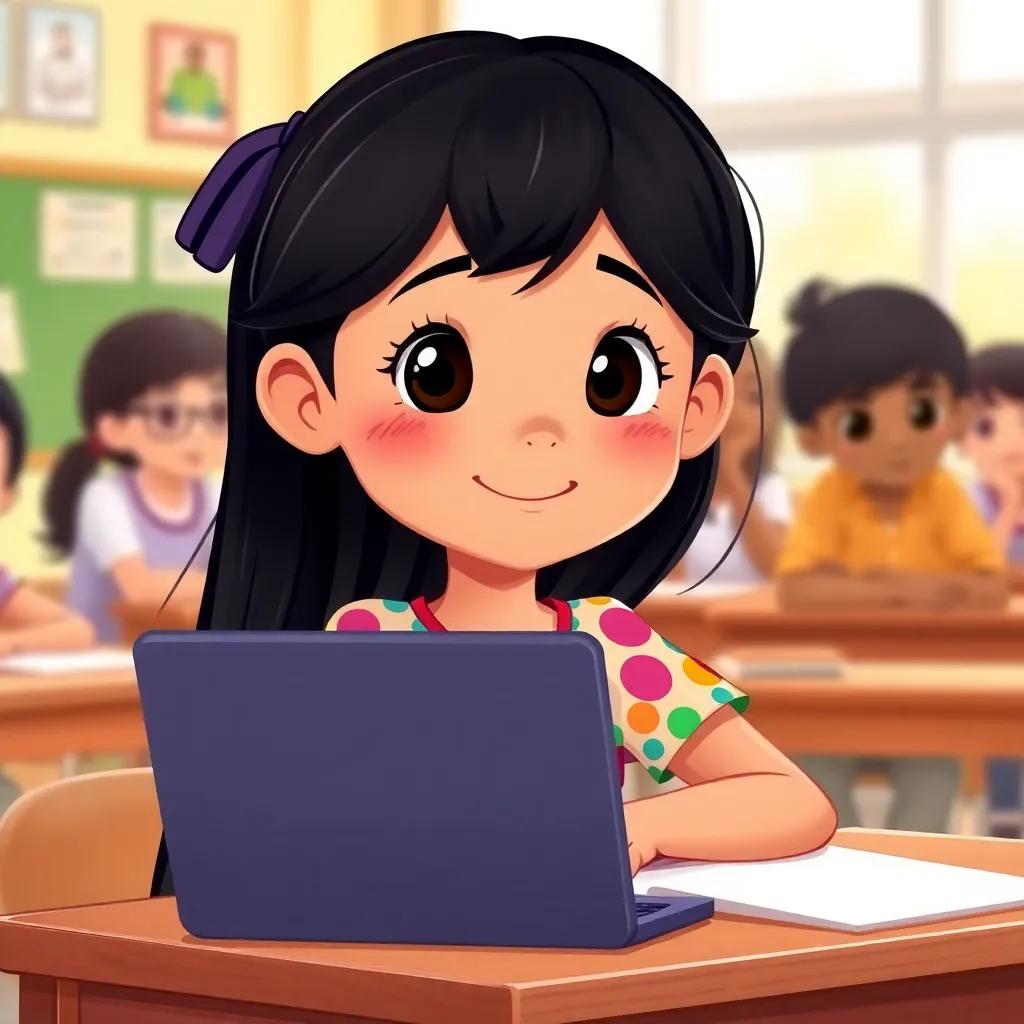 A cheerful girl, Layan, with long black hair wearing a colorful dress, sitting at a desk with a laptop, looking thoughtful as she listens to her teacher in a bright classroom, digital art, warm colors, inspiring atmosphere, high quality
