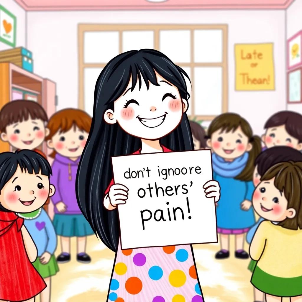 Layan, a cheerful girl with long black hair, wearing a colorful dress, standing in front of her classmates with a big smile and holding a sign that says 'Don't ignore others' pain!', in a lively school setting, colorful illustrations, child-friendly, uplifting