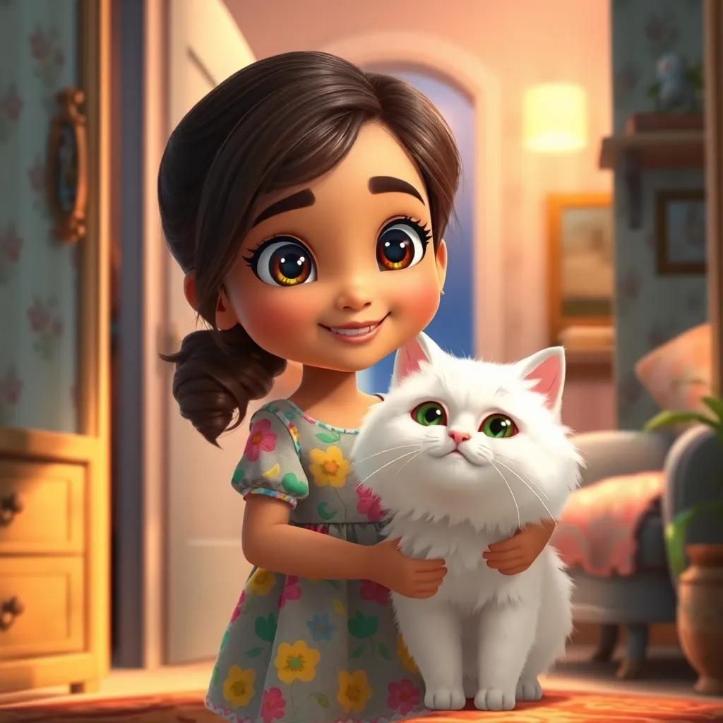 A young girl, Layan, with a bright face and shiny eyes, wearing a colorful dress, entering a cozy room with a white fluffy cat named Nouna, detailed digital art, soft colors, warm atmosphere, high quality