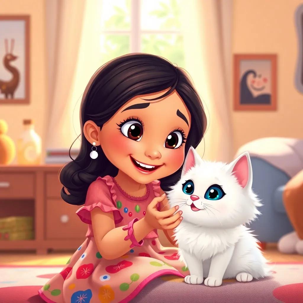 A young girl, Layan, with bright eyes and a warm smile, wearing a colorful dress, happily feeding her fluffy white cat, Nouna, with big blue eyes, in a cozy room filled with morning light, illustration, cheerful, vibrant colors, heartwarming