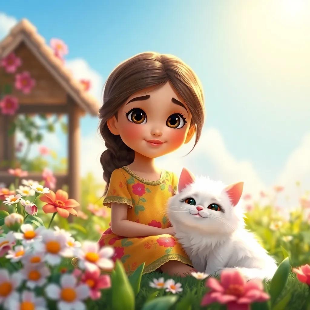 Layan, a young girl with bright eyes and a colorful dress, sitting in her garden with her fluffy white cat, Nouna, surrounded by flowers, under a lovely clear sky, peaceful setting, warm sunlight, child-friendly atmosphere, detailed art