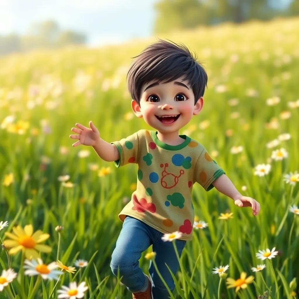 A happy young boy, Lyth, with short, dark hair, wearing a colorful t-shirt and jeans, playing joyfully in a green meadow filled with flowers with sunshine, digital art, cheerful atmosphere, bright colors, high quality