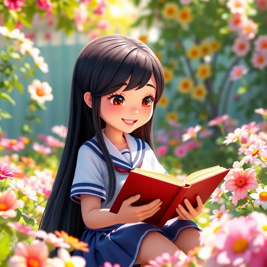 A beautiful, obedient girl named Leila with long black hair wearing a school uniform, sitting in a bright garden surrounded by flowers, studying a book with a smile, digital art, colorful, cheerful, engaging scene, sunny atmosphere, high quality