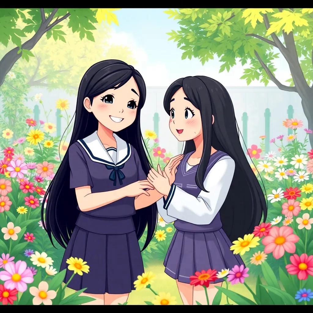 A cheerful girl, Leila, with long black hair in a school uniform, teaching her friend Sara in a pleasant garden filled with colorful flowers, illustrated scene, friendly, supportive, bright colors, joyful atmosphere, high quality