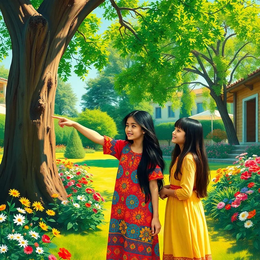 Leila, a young Arab girl, with long dark hair in colorful dress, pointing excitedly at a large tree, her friend Sarah beside her, sunny garden filled with flowers, cheerful perspective, vibrant scene, high quality
