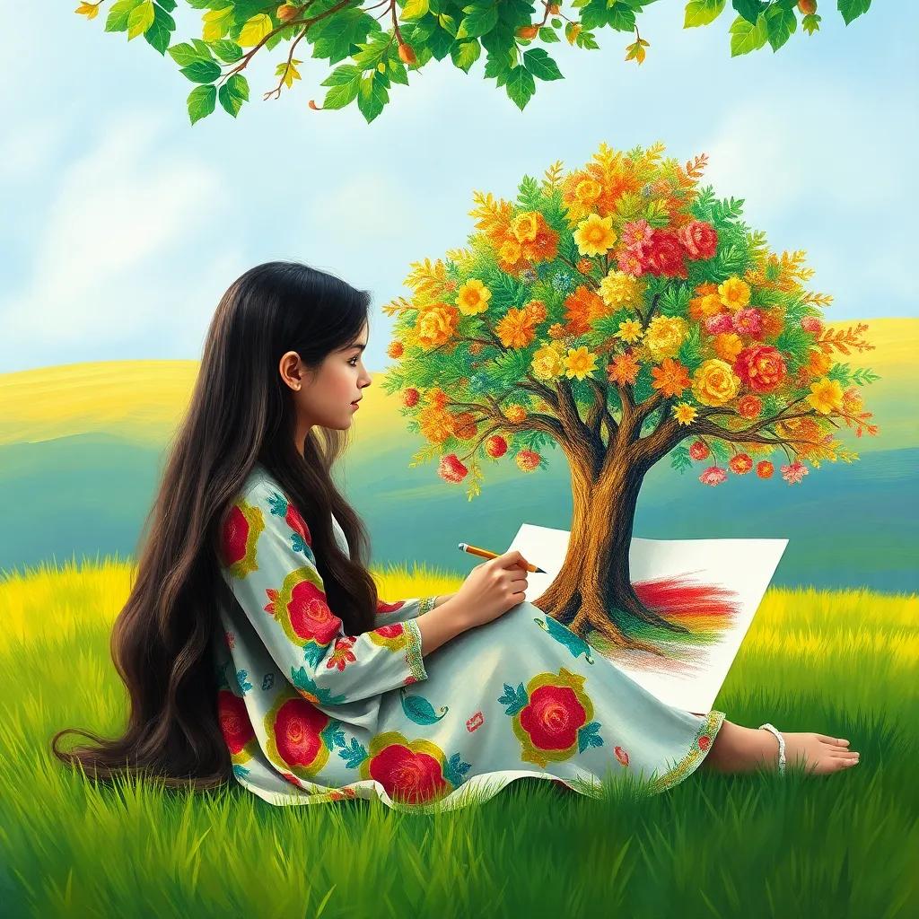 Leila, a young Arab girl, with long dark hair in colorful dress, sitting on the grass under a tree, drawing a big colorful tree with her pencils, peaceful atmosphere, bright colors, art-themed, high quality