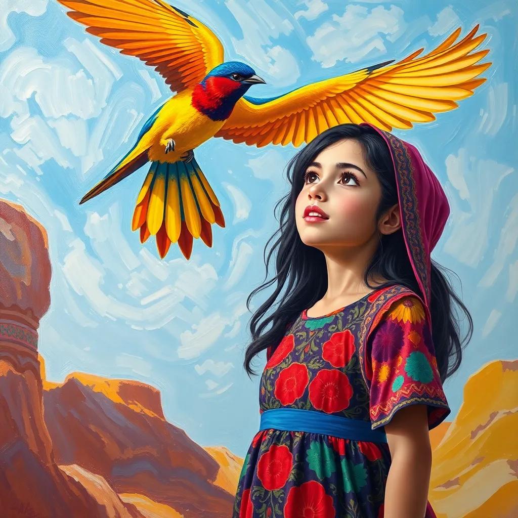 A colorful bird flying gracefully around Leila, a young Arab girl with long dark hair in a colorful dress, who watches in amazement, bright sky background and cheerful colors, delightful scene, high quality