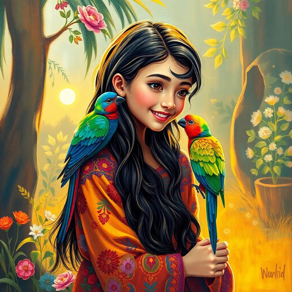 Leila, a young Arab girl with long dark hair in colorful dress, chatting with a colorful bird, surrounded by beautiful nature, warm sunlight, friendly atmosphere, enchanting scene, high quality