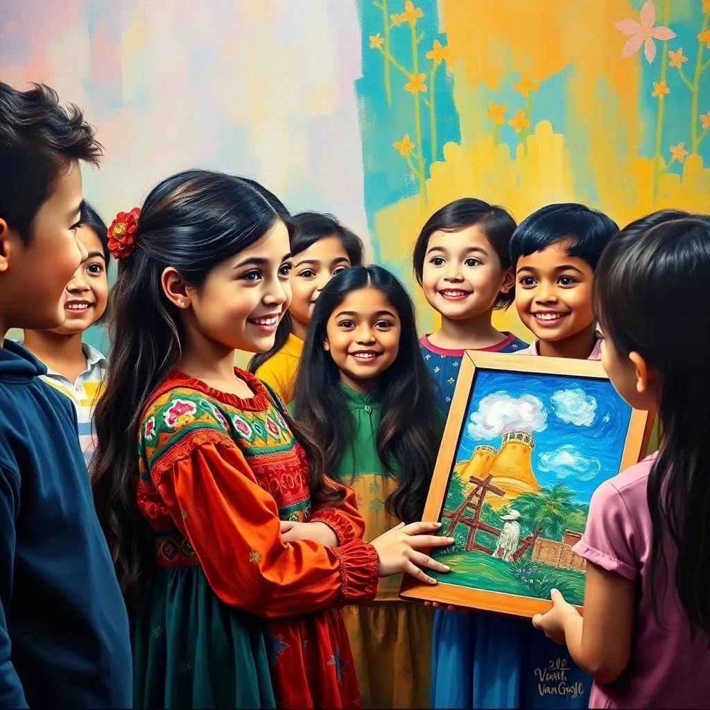 A cheerful group of children watching Leila, a young Arab girl, with long dark hair in colorful dress, who proudly shows her painting, joyful atmosphere, colorful setting, high quality