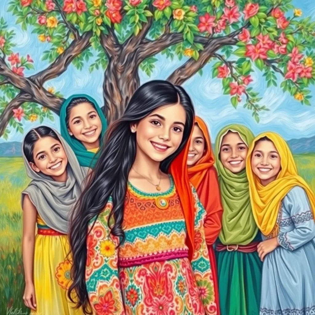 Leila, a young Arab girl with long dark hair in colorful dress, posing happily with her friends, all of them smiling brightly under the tree, colorful and joyful scene, high quality
